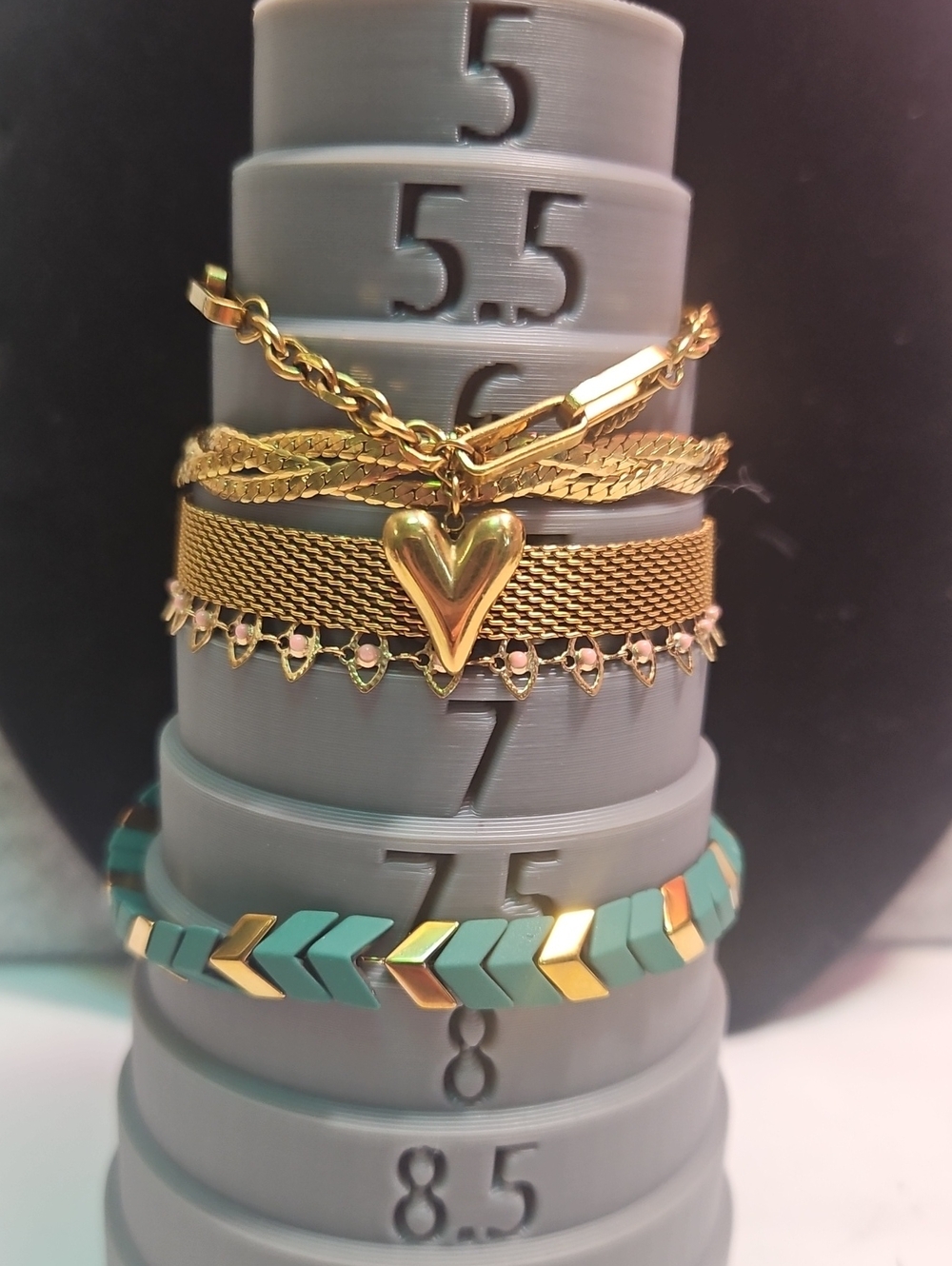 Gold Heart Layered Bracelet Set with Mint Chevron Accent